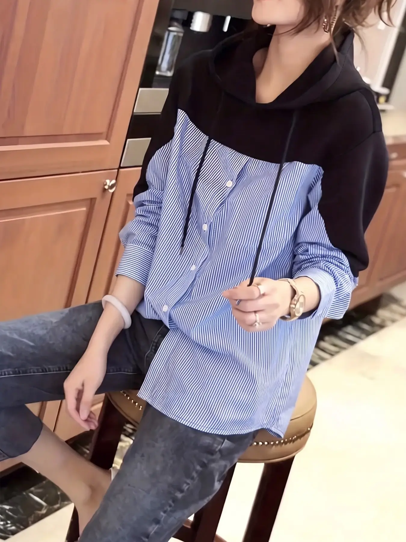 Women's Color Block Hooded Shacket, Striped Spliced Button Down Long Sleeve Shirt, Loose Casual Hoodie Blouse, Fashion Daily Streetwear Top, 2026 Trendy Patchwork Pullover