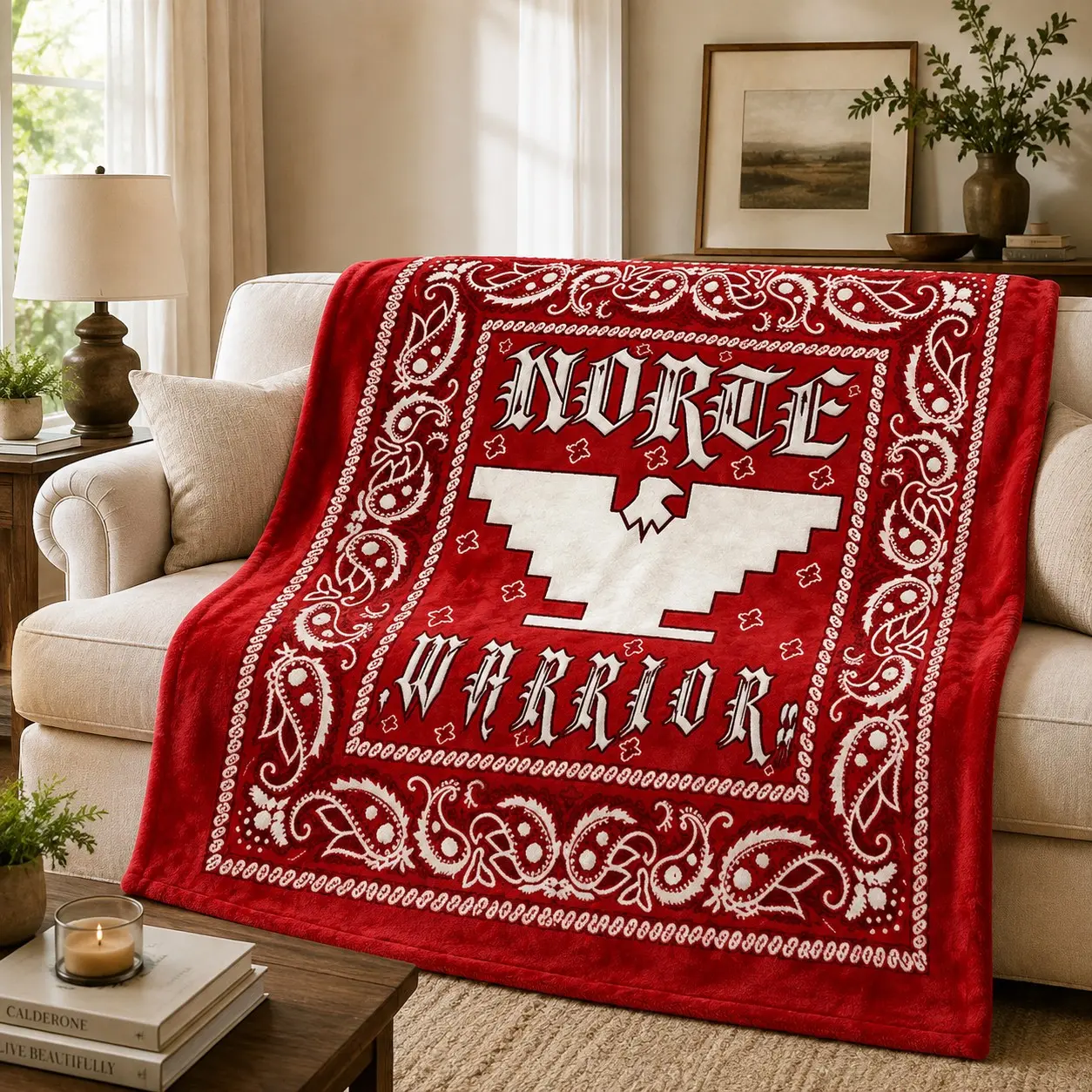 1pc Bright Red Paisley American Warrior Themed Flannel Blanket, Full Printed Paisley Border, Gothic NORTE Lettering, Gothic WARRIOR Lettering, Geometric Stepped Eagle, Cross Floral Totem, Retro Street Style. Soft Warm Cozy Nap Blanket for Sofa, Bed, Offic