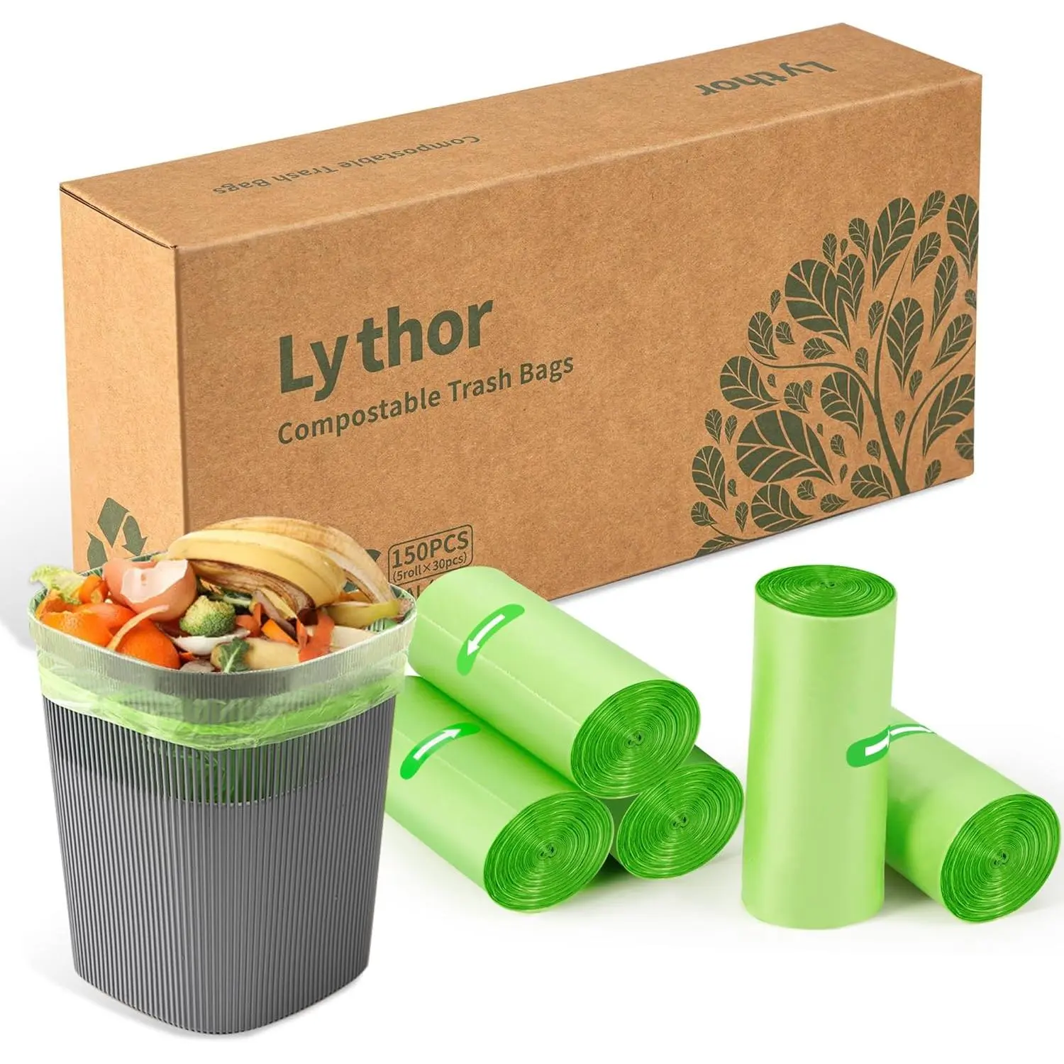 Upgraded Thickness Compostable Trash Bags, 2.6 Gallon / 10L, 150 Count - Maximum Strength, Leakproof & Tough  Garbage Bags for Kitchen &
