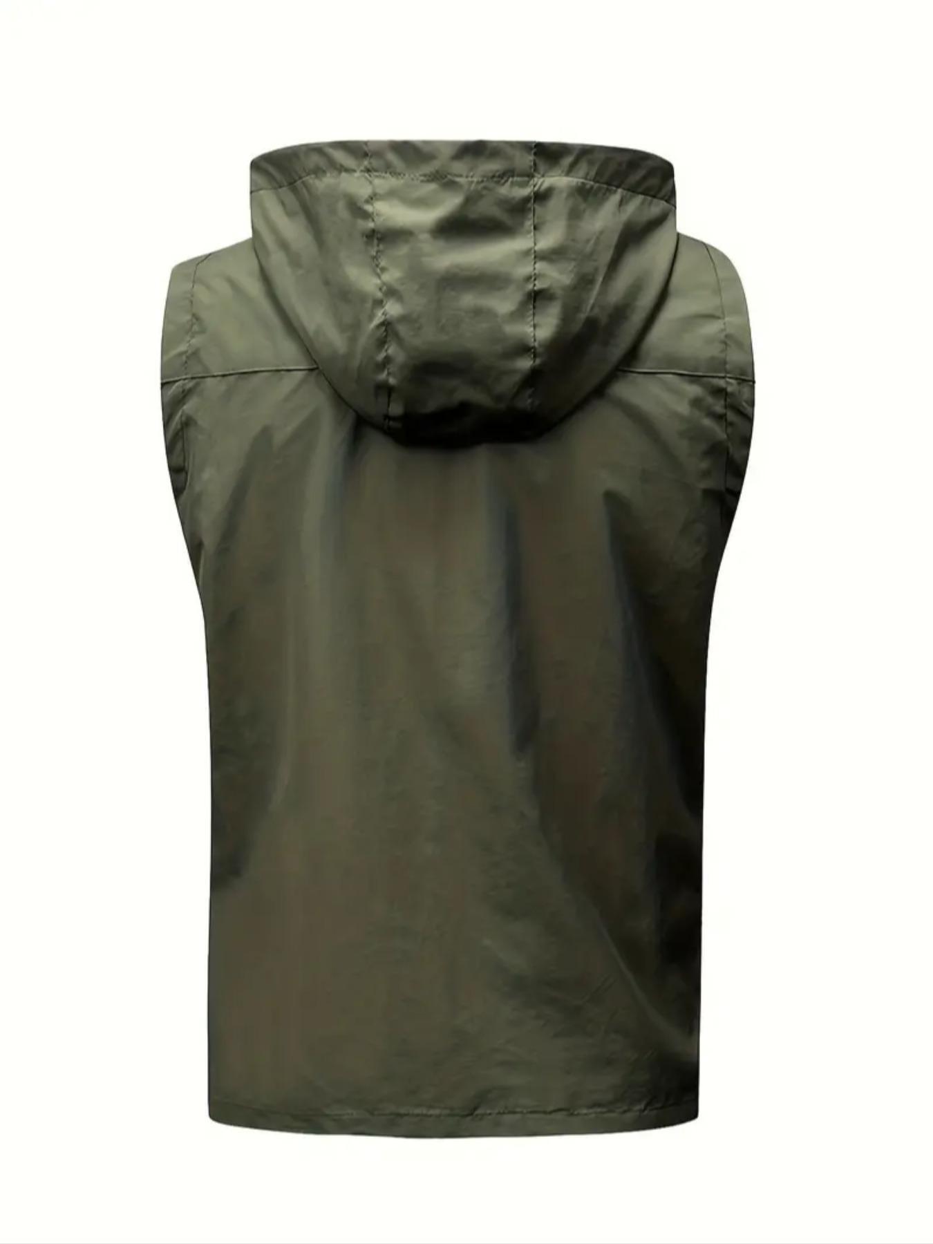Men's Letter Graphic Embroidery Drawstring Zip Up Vest Zipper Hooded Vest Jacket, Regular Fit Casual Pocket Sleeveless Outerwear for Fall & Winter, Men's Clothes for Outdoor Activities