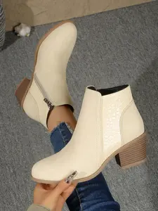 European and American Festival Style Crocodile Pattern Chelsea Short Boots, Square Heel Side Zipper Fashion Chunky Heels, Party Evening Commute Wear