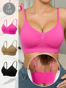 3pcs Soft Breathable Seamless Bra Set, Sporty Lingerie for Women, Full Coverage Deep Cup, Detachable Pads, All Seasons