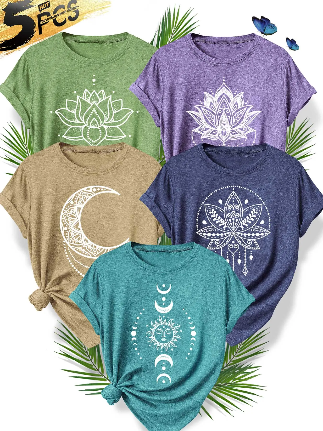 5PCS Women's Casual Crew Neck Tee, Casual Fit Top, Lotus & Moon Mandala Combo Print, multi-color, washable, soft summer top