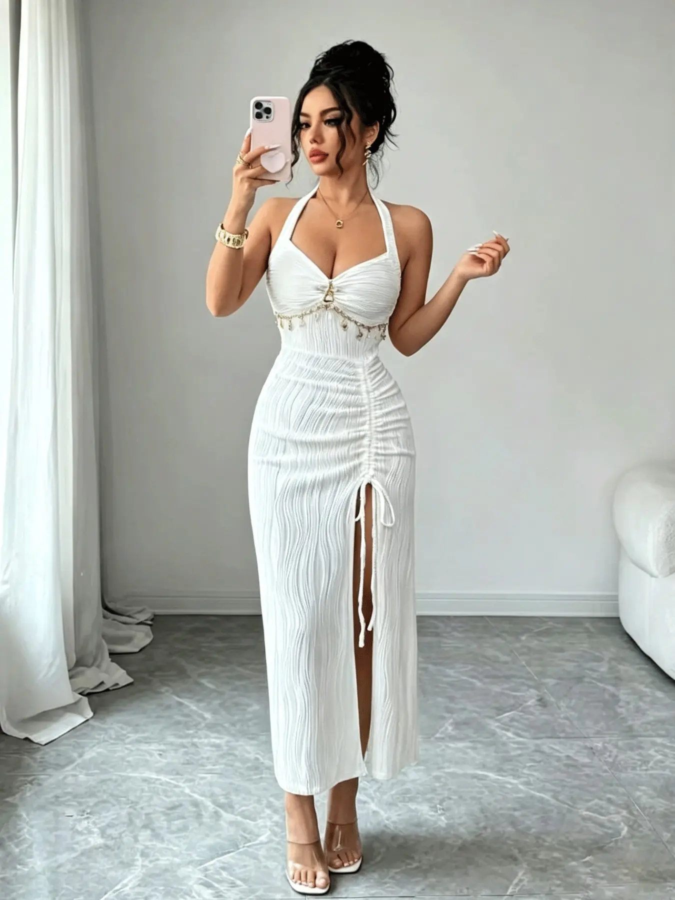 White Textured Halter Midi Dress for Women | Sexy V-Neck Slim Bodycon Skirt with Back Tie Detail Waist Chain Accent Front Drawstring High Slit Hem & Ruffled Wavy Fabric Ideal for Beach Vacations Nightclub Outings & Date Nights