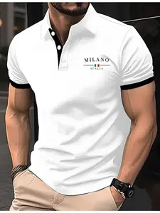 Italian Style Polo Shirt, Mesh Insert, Short Sleeve, Milan Italy Logo, Three-Button, Breathable Business Top, Spring & Fall