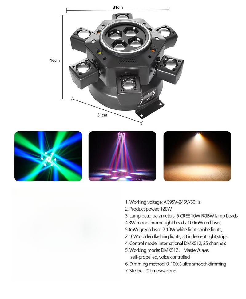 Super 6 In 1 Moving Head DJ Lights RGBW Six Arm Beam Light with Bee Eyes Effect Four LED Strobes DMX 512 Sound Activated Stage Lighting for Party Disco KTV Wedding Club Event Entertainment