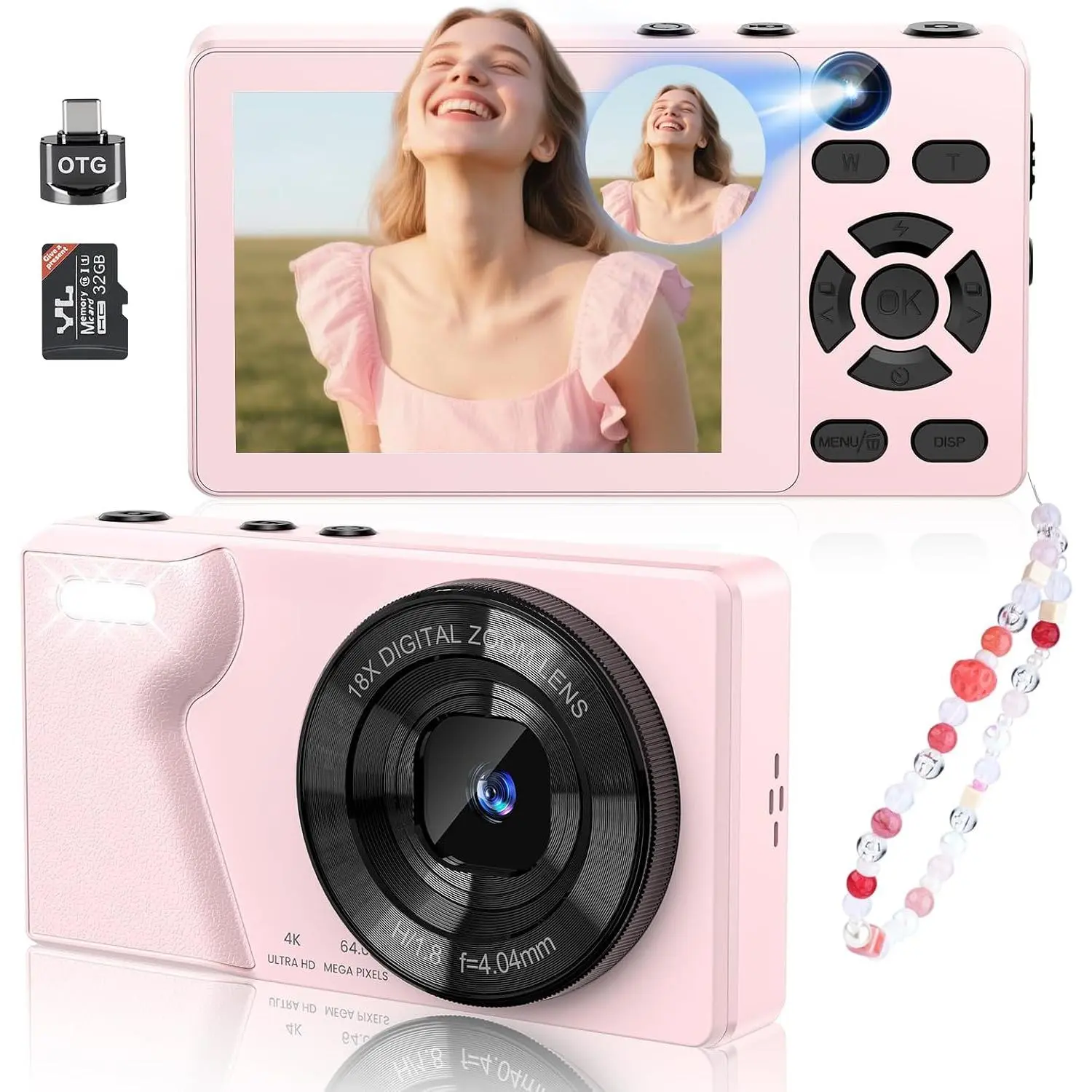 4K Digital Camera with Front Rear Lens, Autofocus and 32G Card, Metal Shell | -in 2000mAh , Non-Slip Handle,64MP with Flash, 2.8" Screen, 18X Zoom for Beginner Teens Adult, Party,Travel,