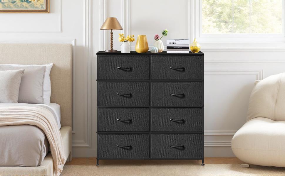 8-Drawer Dresser for Bedroom, Anti-Tip Tall Storage Organizer Chest of Drawers with Wooden Top and Metal Frame Fabric Bins for Closet, Living Room, Hallway, Entryway, Black