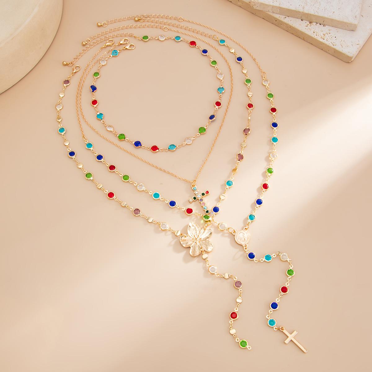 Creative Colorful Y-Shaped Multi-Layer Crystal Necklace – Sweet Style Metal Flower Choker