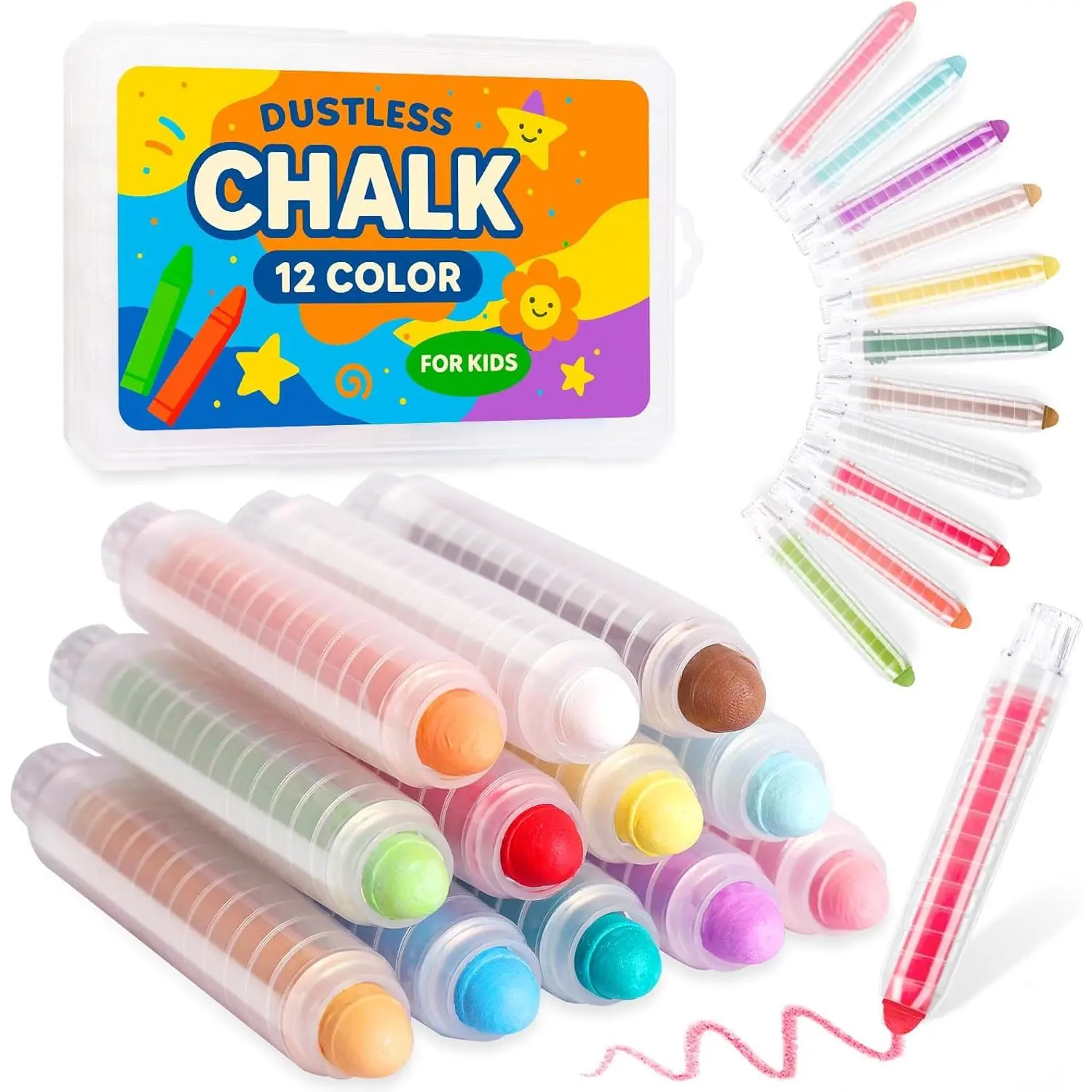 Outdoor counter Dustless Chalk for Kids Indoor Chalkboard, 12 Colors Washable Sidewalk Chalk Set with Protective Box, Mess-Free for Drawing on Chalkboards Papers Sidewalks, Perfect for Toddlers Boys Girls Kids