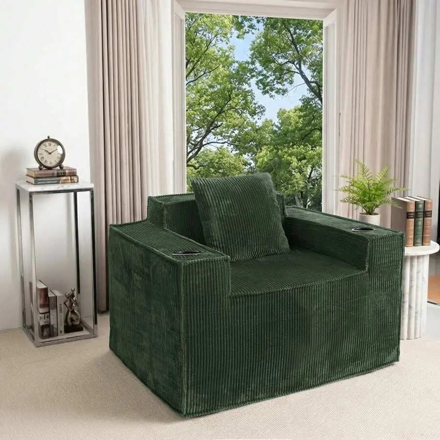 Green Corduroy Cloud Soft Single 1-Person Corduroy Couch Chaise Lounge Sofa Chair - Elevated Seat, Cup Holder, Side Pocket, Fully Assembled Modern Living Room Indoor Furniture for Small Spaces Decoration