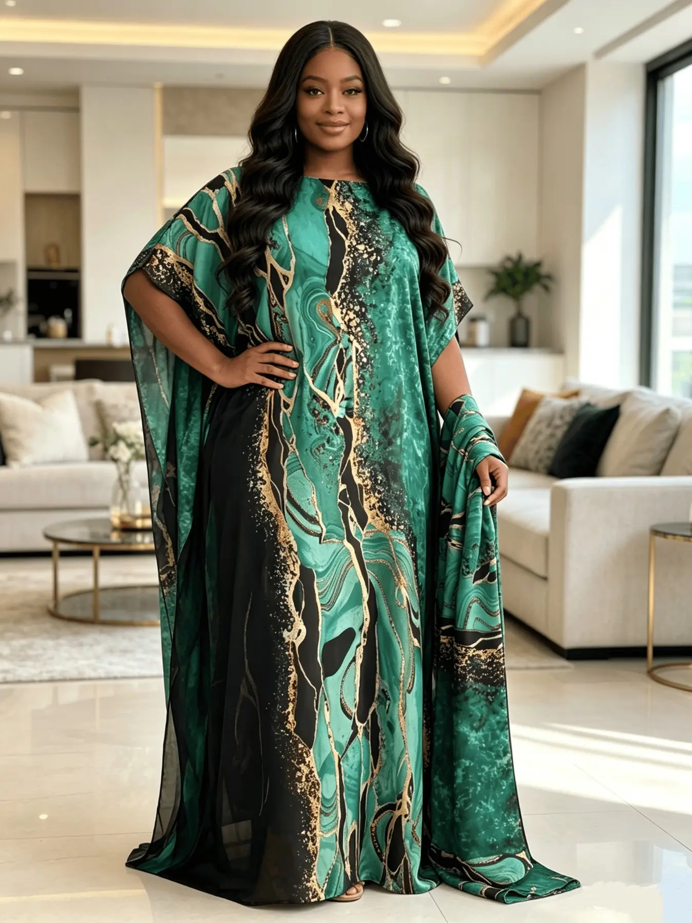 Plus Size Women's Green Black Gold Snake Print Maxi Kaftan Dress with Matching Headscarf 2 Piece Set, Lightweight Breathable Loose Batwing Casual Long Dress, Beach Resort Loungewear Cover Up for Curvy Ladies
