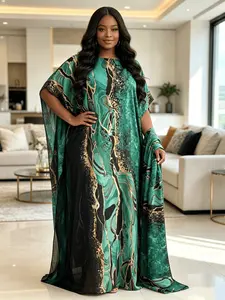 Plus Size Women's Green Black Gold Snake Print Maxi Kaftan Dress with Matching Headscarf 2 Piece Set, Lightweight Breathable Loose Batwing Casual Long Dress, Beach Resort Loungewear Cover Up for Curvy Ladies