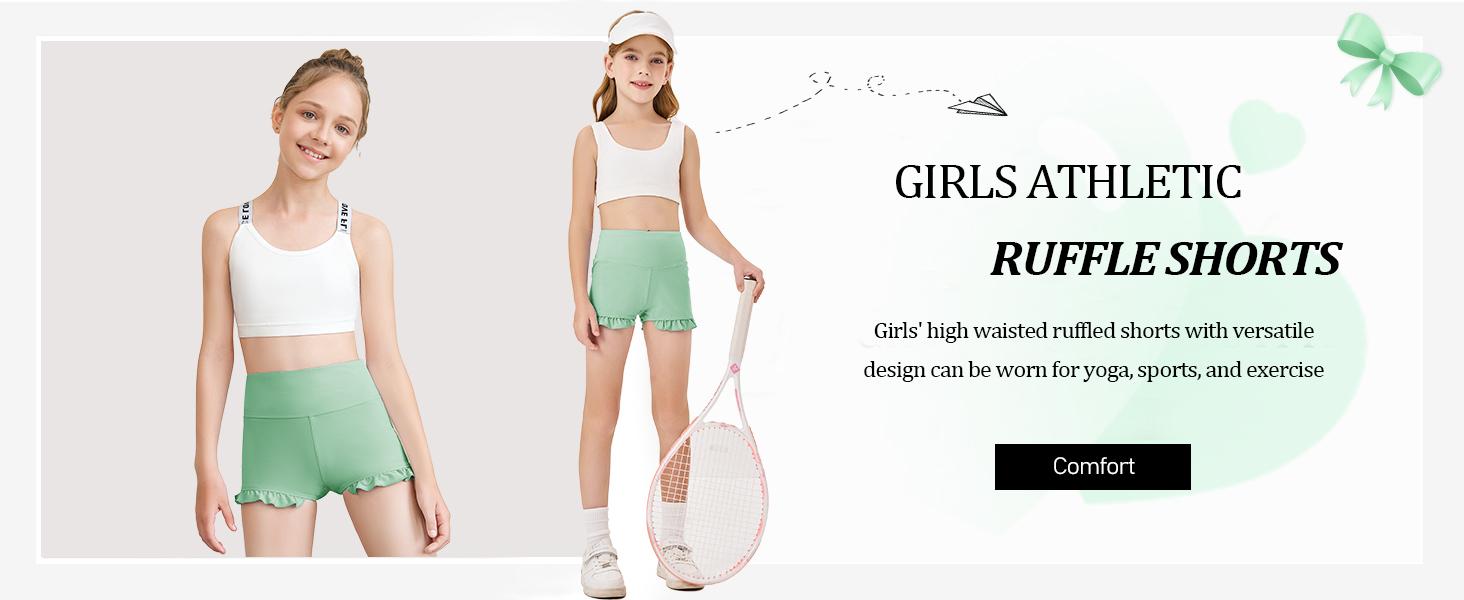 Girls Athletic High Waisted Ruffle Shorts - Comfy Yoga Dance Workout Gymnastics