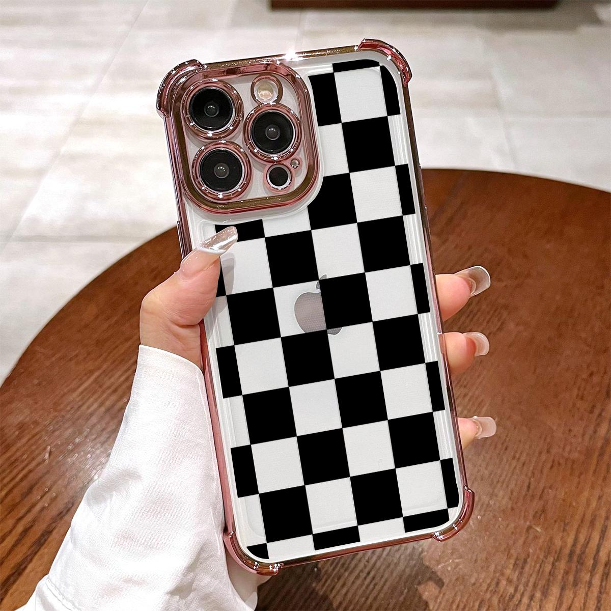 Black Checkered Pattern Phone Case , Electroplated Cover with Airbag Shockproof Slim Soft TPU Cover for iPhone X XS 11 12 13 14 15 16 17 Pro Max Plus Air Stylish