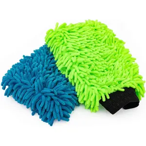 Premium Chenille Microfiber Knobby Wash Mitts - Perfect Car Washing and Detailing; Scratch-Free, Lint-Free, Double-Sided, Plush, and Absorbent; Lime Green + Blue (2-Pack)