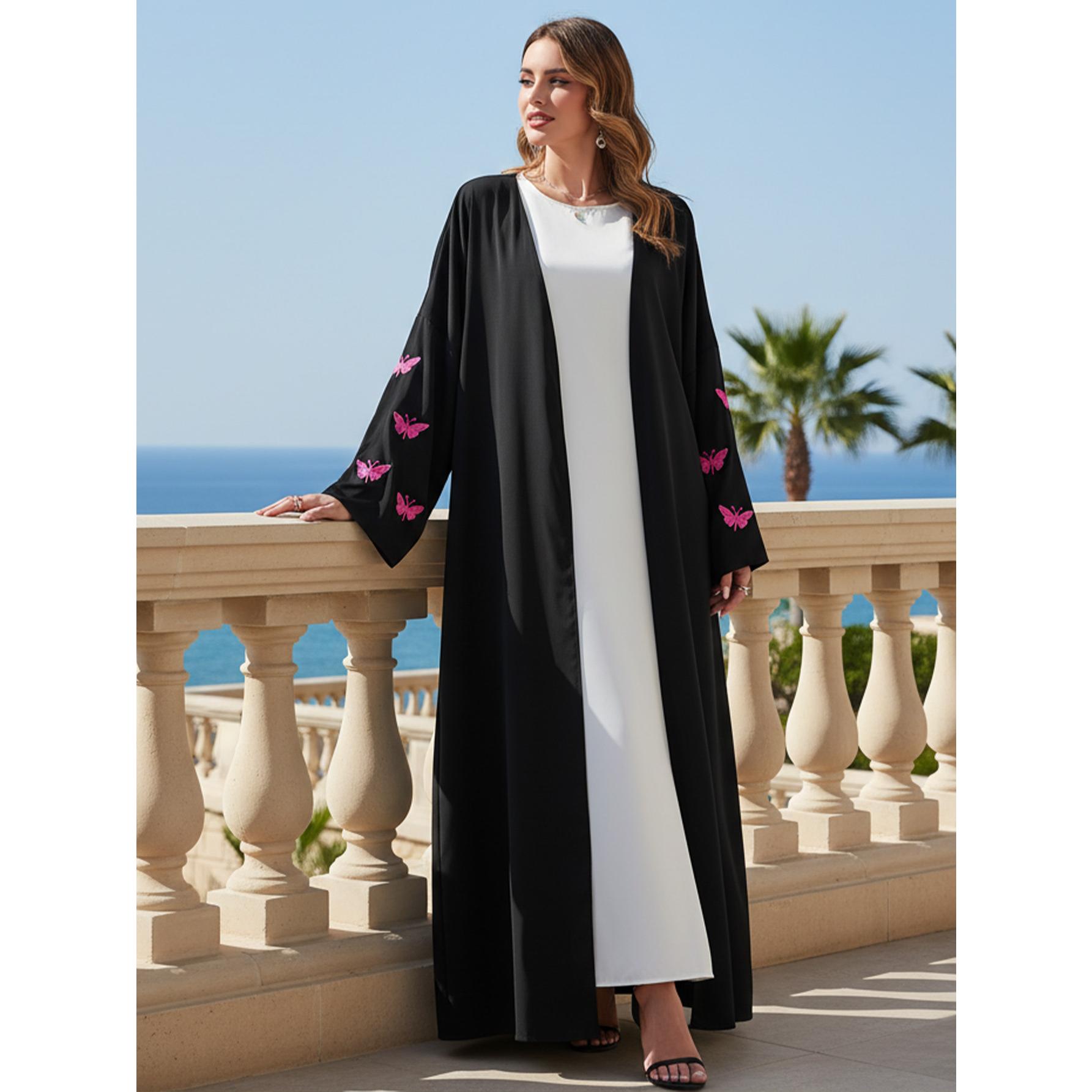 Butterfly Embroidered Open Abaya Chic Kimono Cardigan | One Size Fits Most | Modest Black Casual Robe for Travel, Prayer & Daily Style