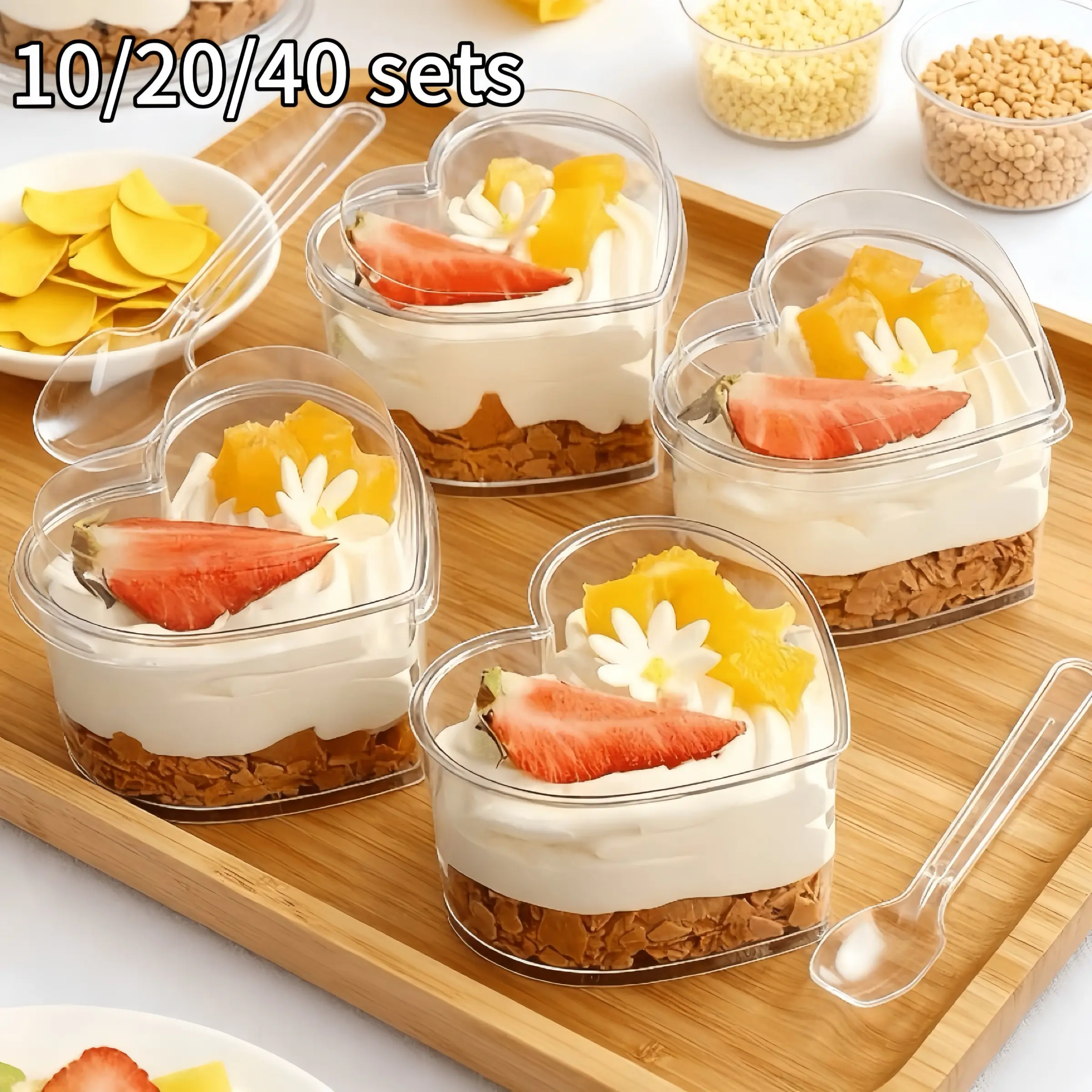 Heart-Shaped Mini Dessert Cups with Lid and Spoon, 5oz Plastic Bowls for Yogurt, Jelly, Ice Cream, Fruit Salad, Perfect for Parties, Birthdays, Weddings, Holidays