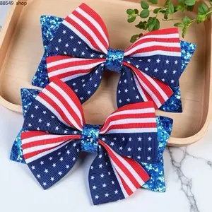 1 Pair 4th of July Independence Day Snap Hair Clips – Multicolor Striped Fabric Bow & American Flag Print Barrettes, Festive Holiday Hair Accessories for Girls Party & Gift Use