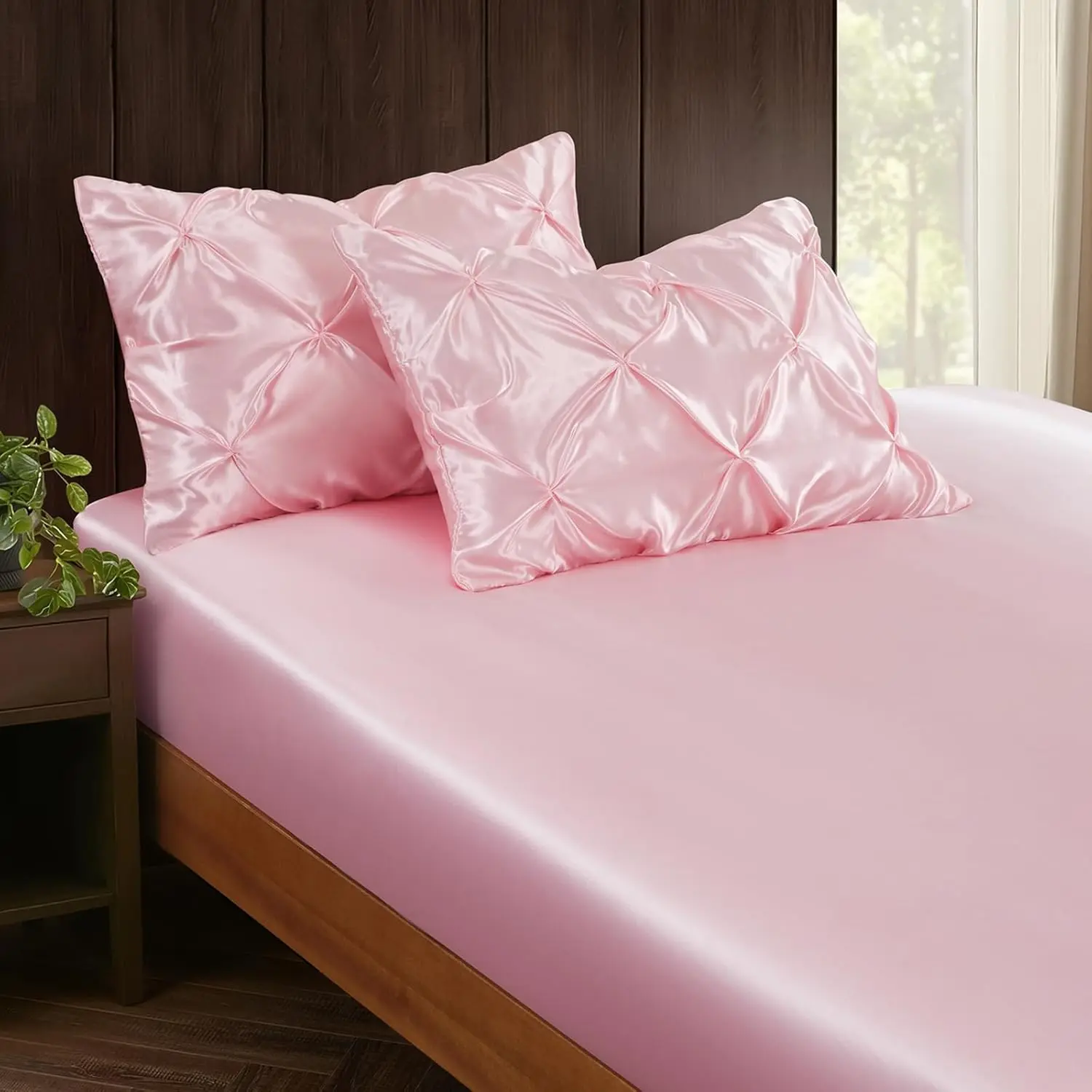 3-Piece Set Pintuck Pillowcases & Twin Fitted Sheet| Include Blush Pink Fitted Sheet + 2 Pleated Pillow Shams, Luxury Bedding Bedroom Dorm Decor 15" Deep