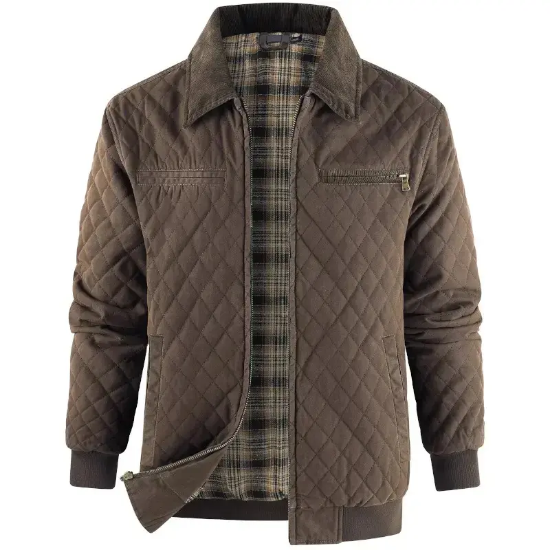 Men's Diamond Quilted Jacket, Full Zip Long Sleeve Outerwear with Contrast Collar, Plaid Lining and Multiple Pockets for Fall Winter Wear