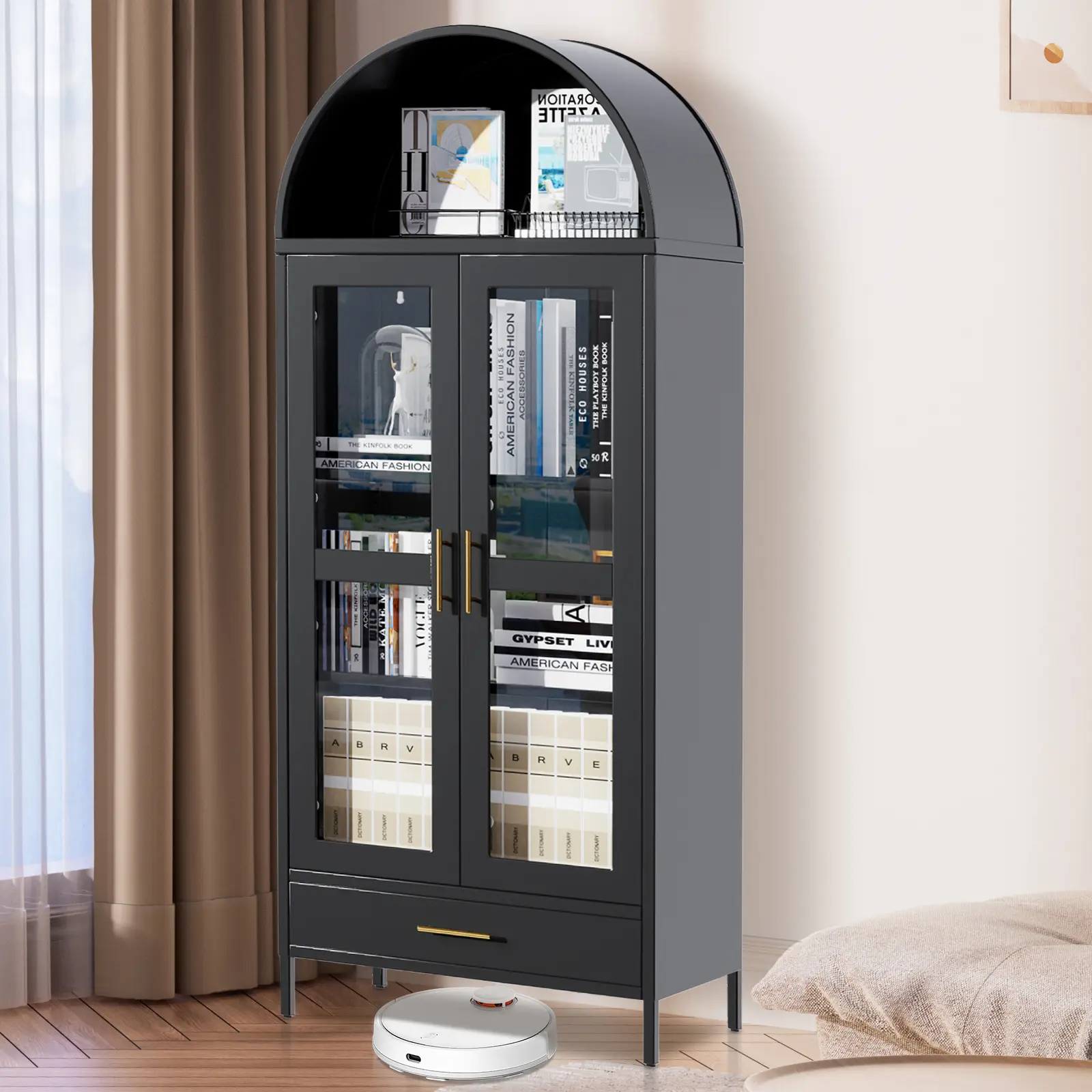 Modern 73" Arched Metal Storage Cabinet with Glass Doors, Freestanding Entryway Organizer with Adjustable Shelves & Drawer, Versatile Pantry & Decorative Bookshelf for Kitchen, Living & Dining Room