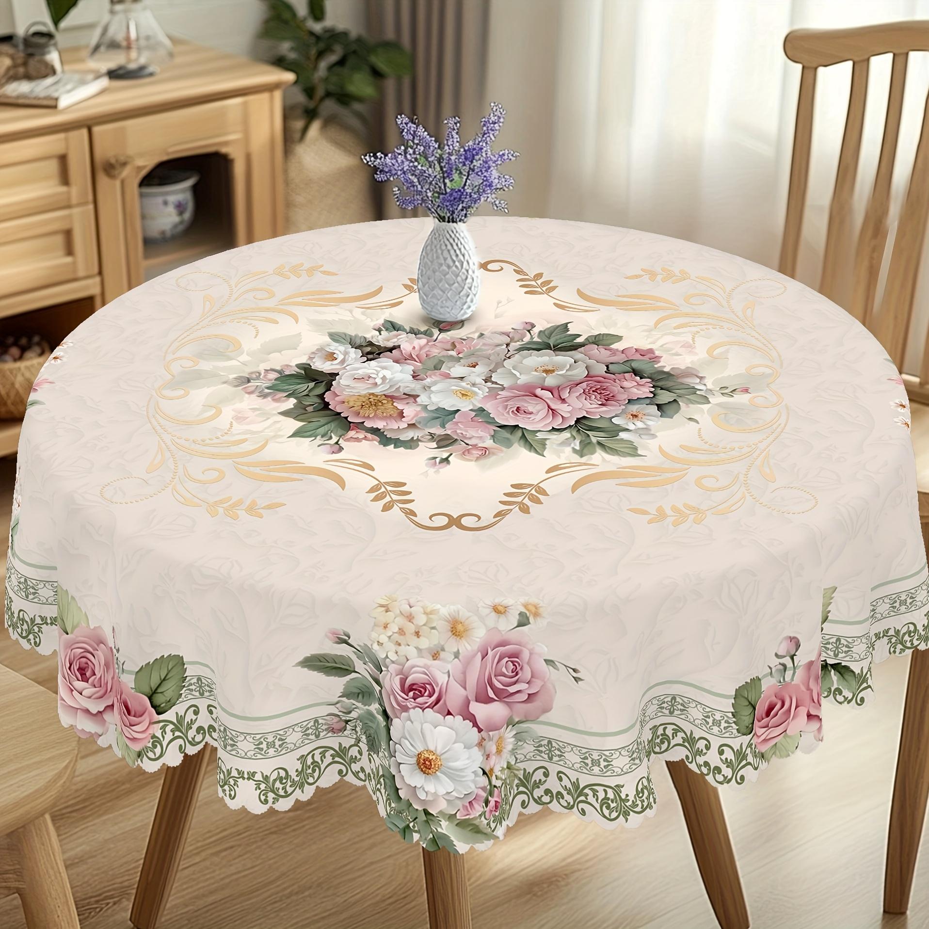 1pc French Vintage Rose & Daisy print Tablecloth - Elegant / with Roses & Daisies, Machine-Made Rectangular/Possibly Round Suitable for Valentine's Day, Weddings, Birthdays, Kitchen & Dining Table Cover - Fabric for Indoor/Outdoor Use