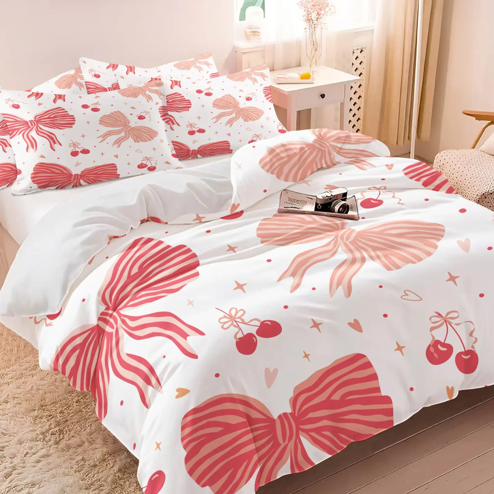 3PCS Striped Bow Cherry Duvet Cover Set（1 Duvet Cover + 1-2 Coreless Pillowcases ), White Base Pink Stripe Bow Cherry Print, Soft Comfy All Seasons Summer Vibes Bedding Set,Ideal for Sweet Girls Bedroom Dorm Decor