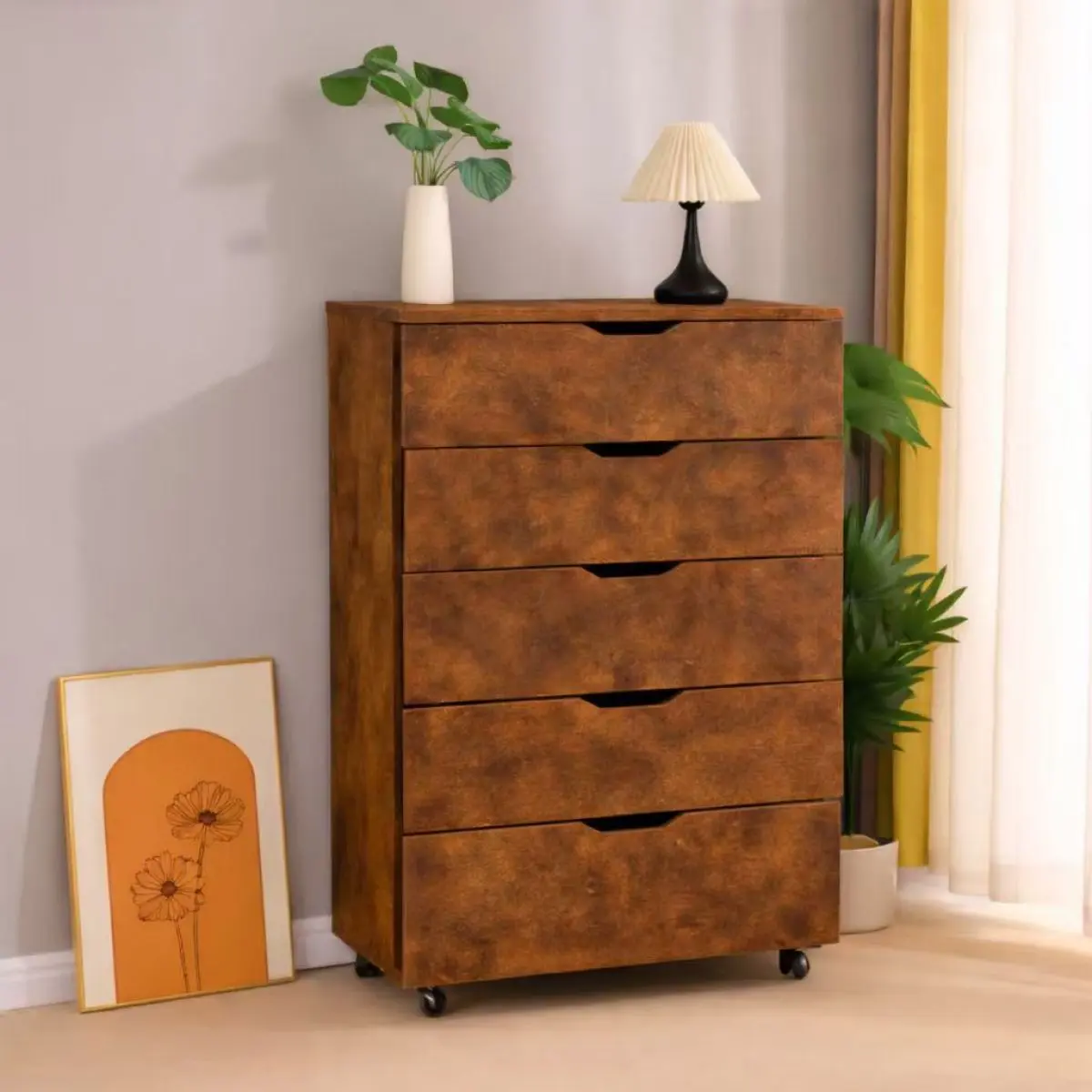 [Fahuac] 5-Drawer Rolling Dresser – Rustic Brown Mobile Storage Cabinet with Casters for Bedroom Closet Dorm.