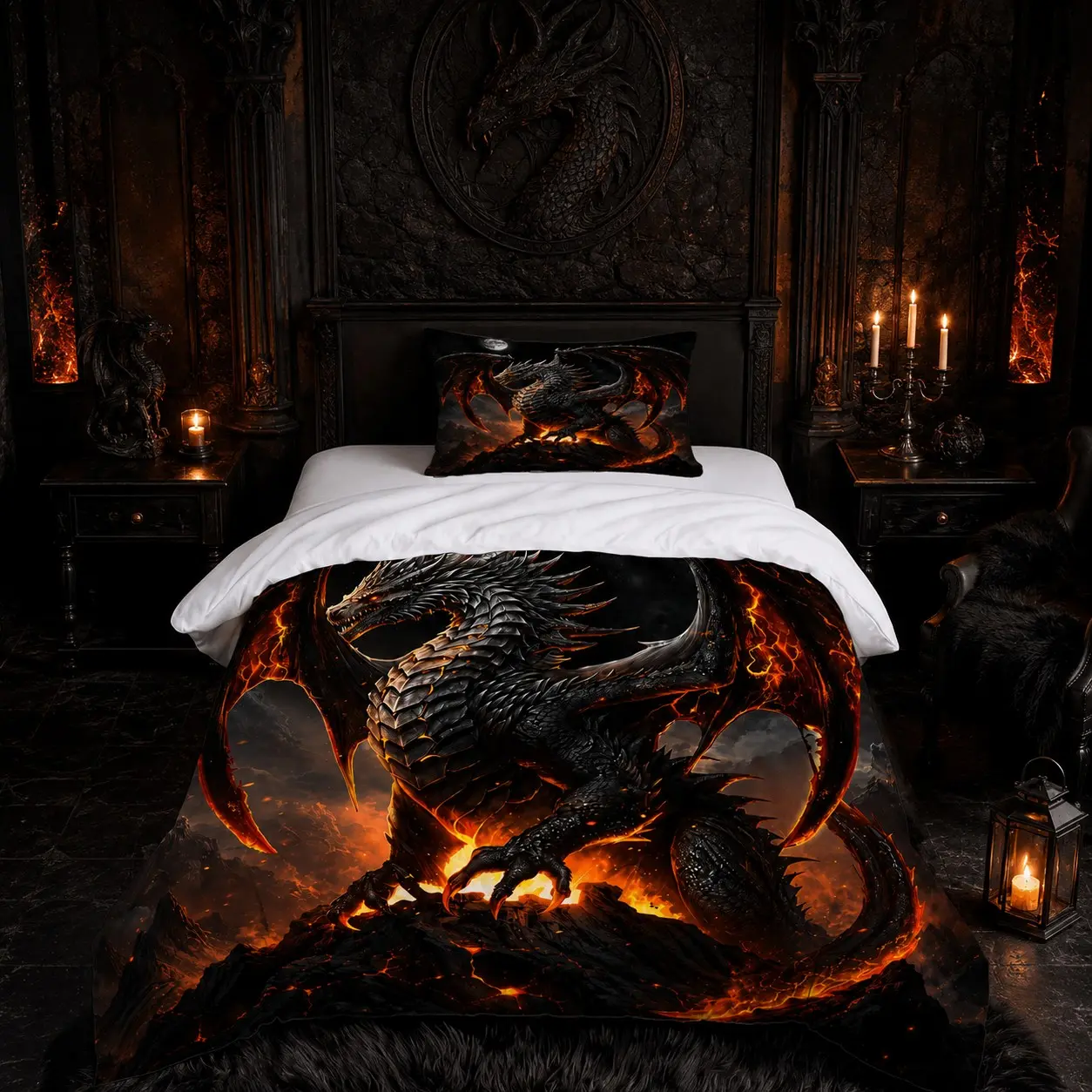 2/3Pcs Fire Dragon Duvet Cover Set, Dark Volcano Lava Medieval Gothic Microfiber Teen Bedding, 1 Duvet Cover + 1/2 Pillowcases Without Inserts, Teen Boys Bedroom Bedding, Perfect Birthday & Holiday Gift