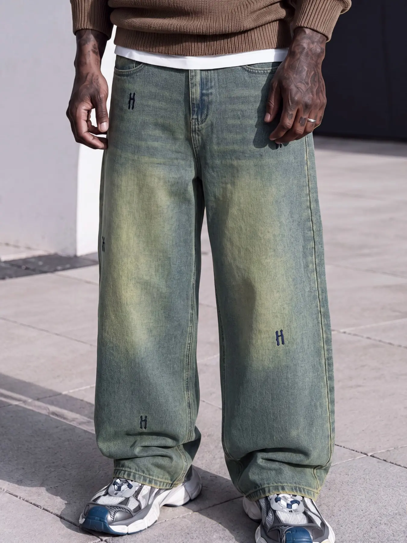 Men’s Mud Yellow Washed Wide-Leg Jeans, Vintage Embroidered Denim Pants, Y2K High Street Skate Style, Versatile for All Seasons