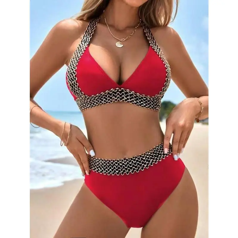 2026 Women's Two-Piece Tight-Fitting Solid Color Sexy Bikini High-Waisted Swimwear