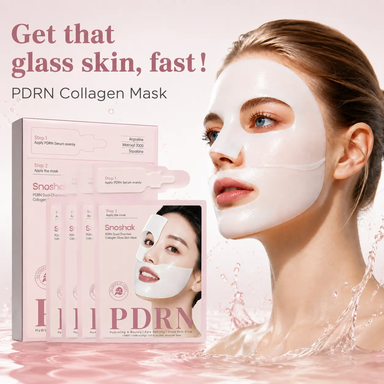 SNOSHAK PDRN Dual-Chamber Collagen Glass Skin Mask  Salmon DNA Hydrating & Bouncy, Pore Refining, Glass Skin Glow, Overnight Face Mask for Glass Glow Skin, Argireline, Matrixyl 3000, Squalane