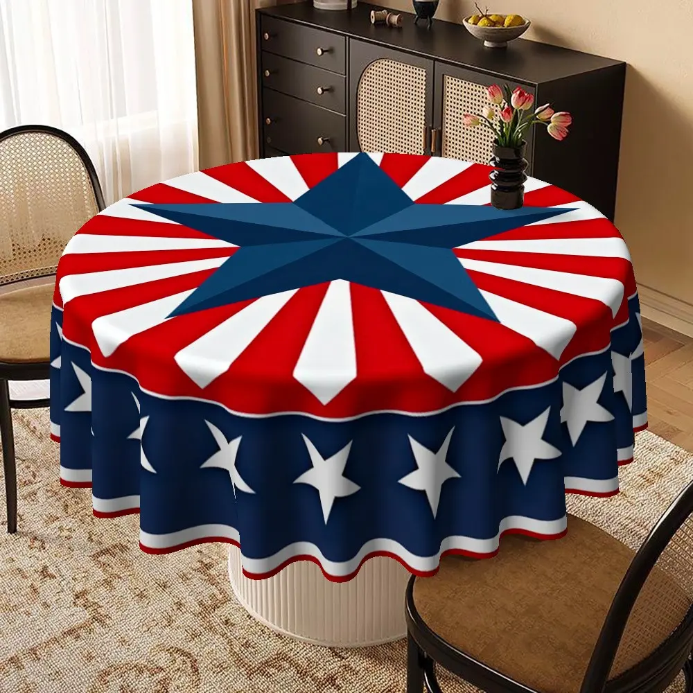 Patriotic Round Tablecloth, Easter and Patriotic Theme Design, Blue Star Center, Stripes, Stars Border, Ideal for Family Gatherings