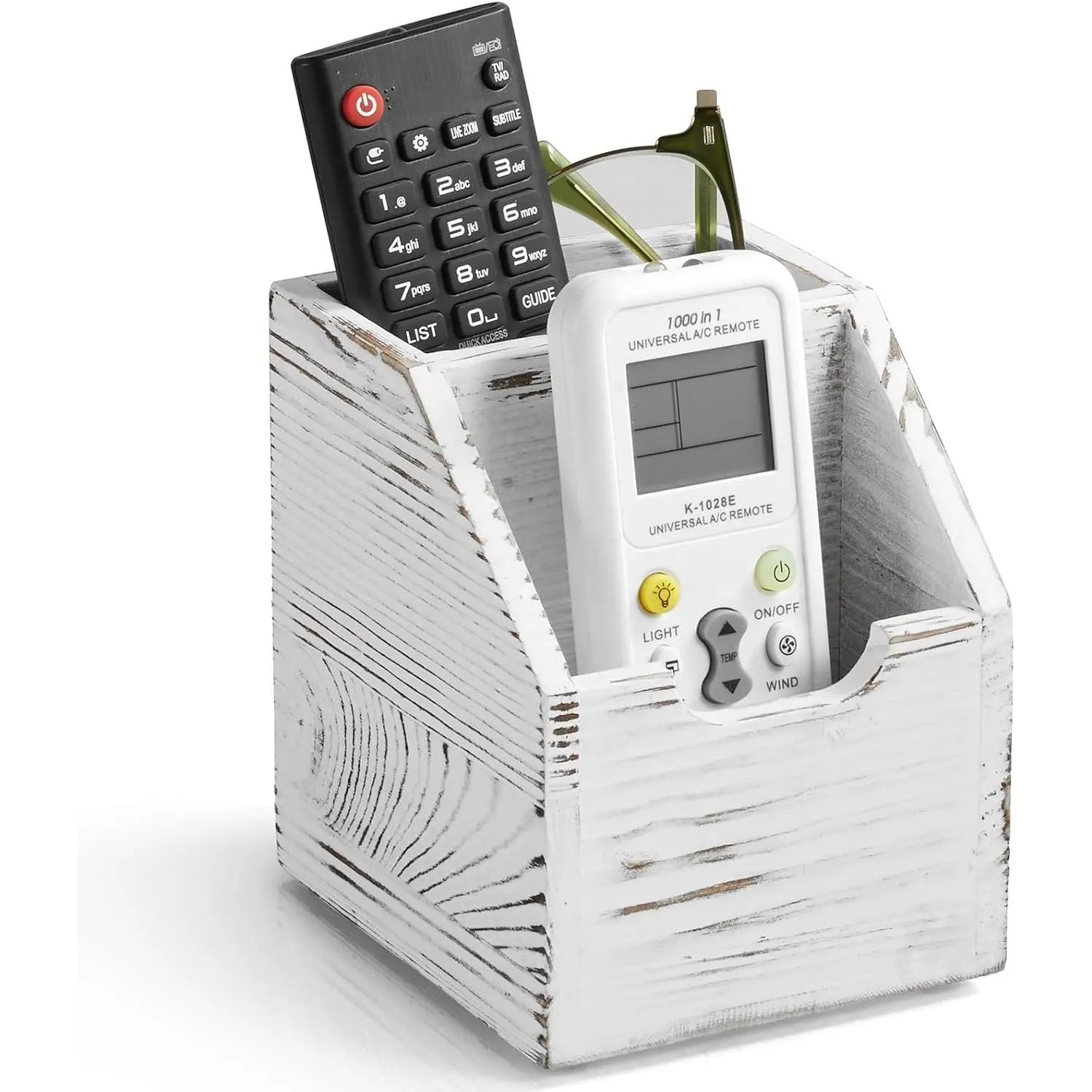 Rustic White Wood Farmhouse Remote Control Caddy with 2 Slots, Tabletop Remote Organizer Storage Holder for TV Remote, Home Office Use