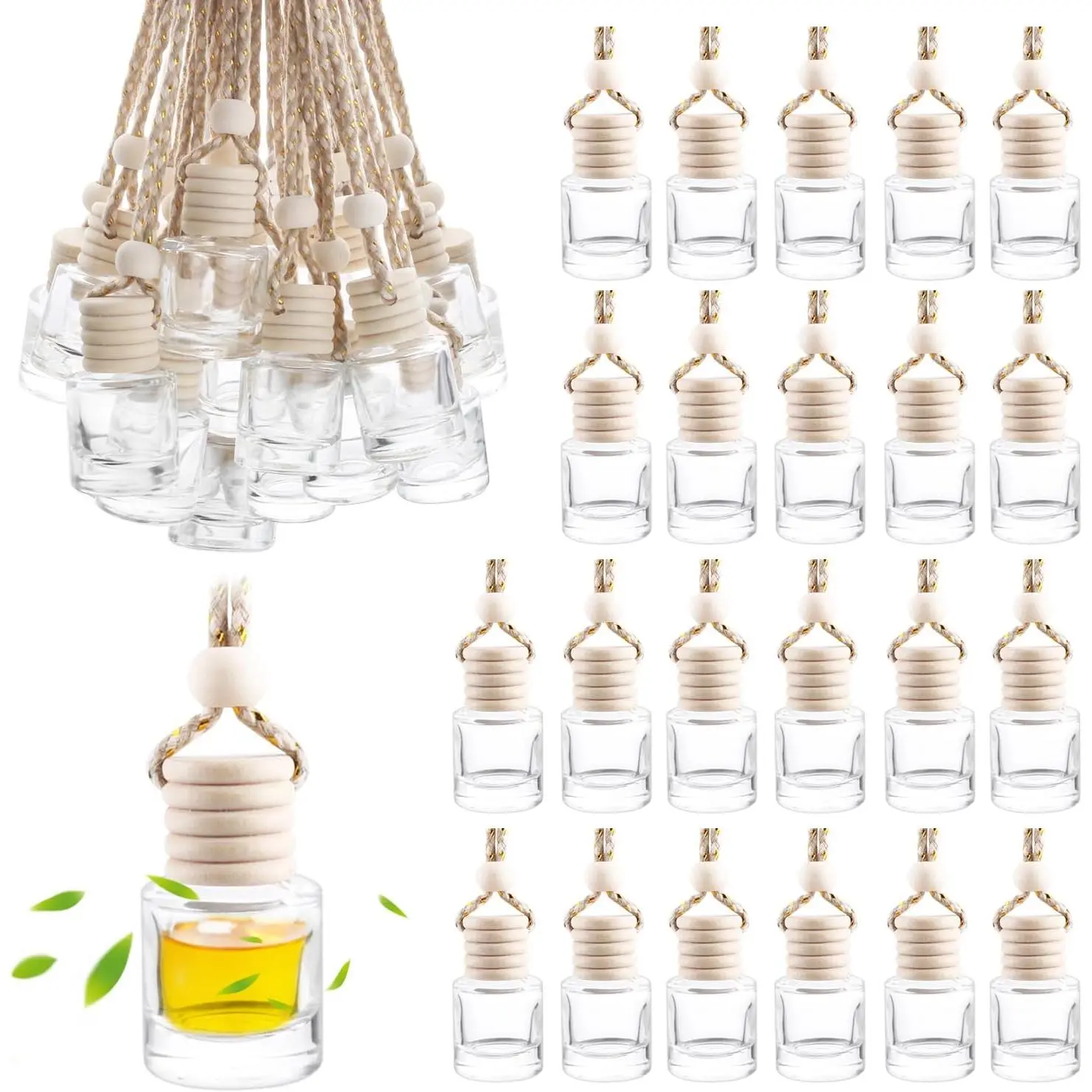 50‑Pack Empty Glass Hanging Car Diffuser Bottles, Round Aromatherapy Essential Oil Perfume Pendants, Wooden Cap Fragrance Ornaments for Auto Interior Decor