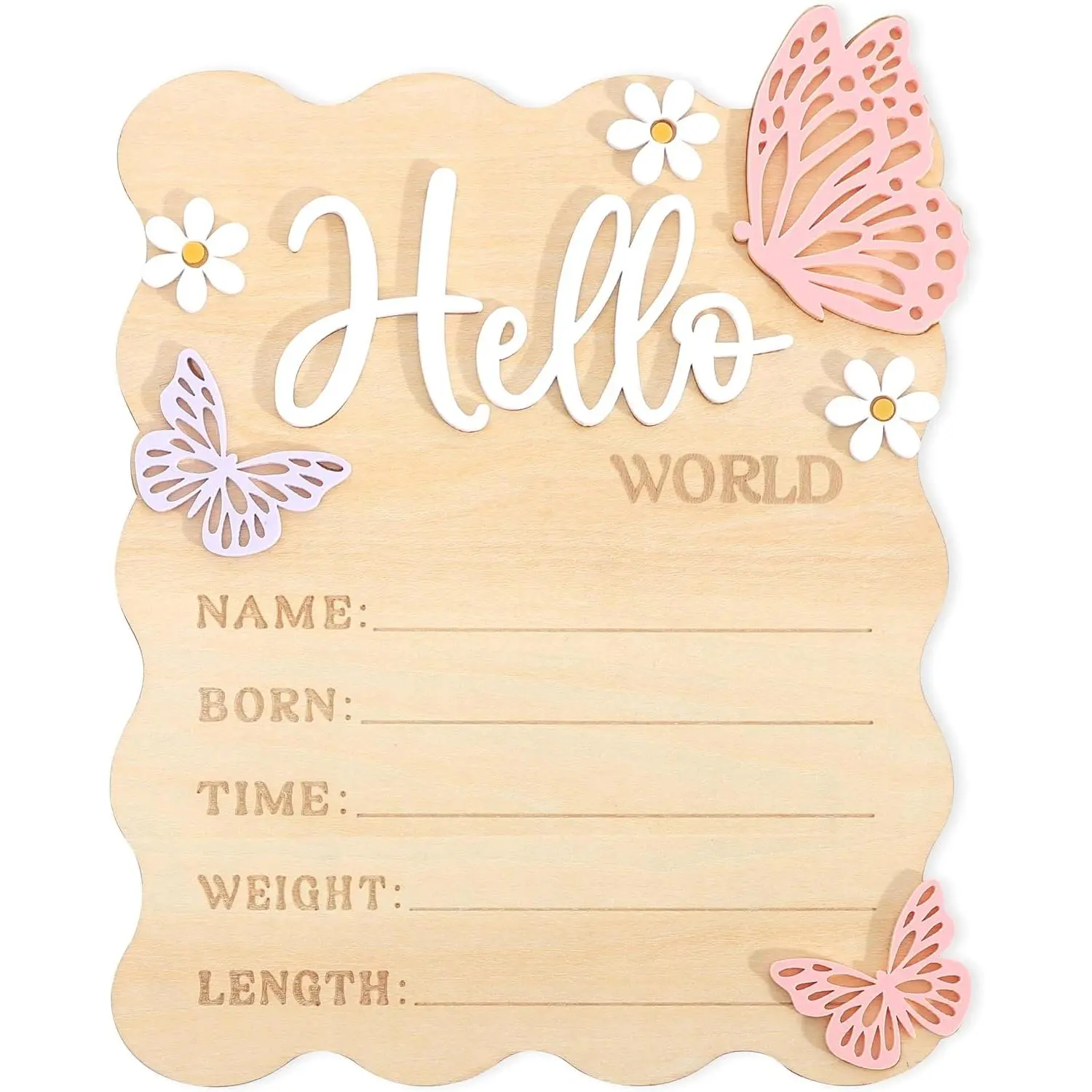 Butterfly Daisy  Worid Board - Little Butterfly Birth Announcement Sign, Wooden  World Card for Hospitals,  Birth Information Record Board, Daisy  Decorations Photo Props