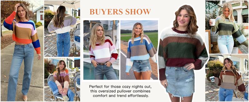 FMEYOA Womens Color Block Cropped Sweaters 2025 Winter Trendy Casual Oversized Y2k Going Out Striped Pullover Tops