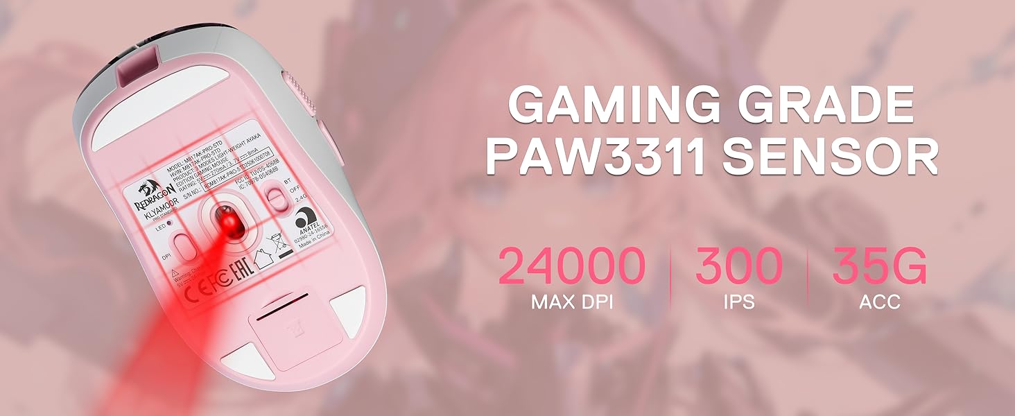 Redragon M817 PRO Wireless Anime Gaming Mouse 24000 DPI Optical Mini Mouse with 6 Programmable Buttons Ergonomic Design 50G Ultra Lightweight for Small Hands Computer Peripherals