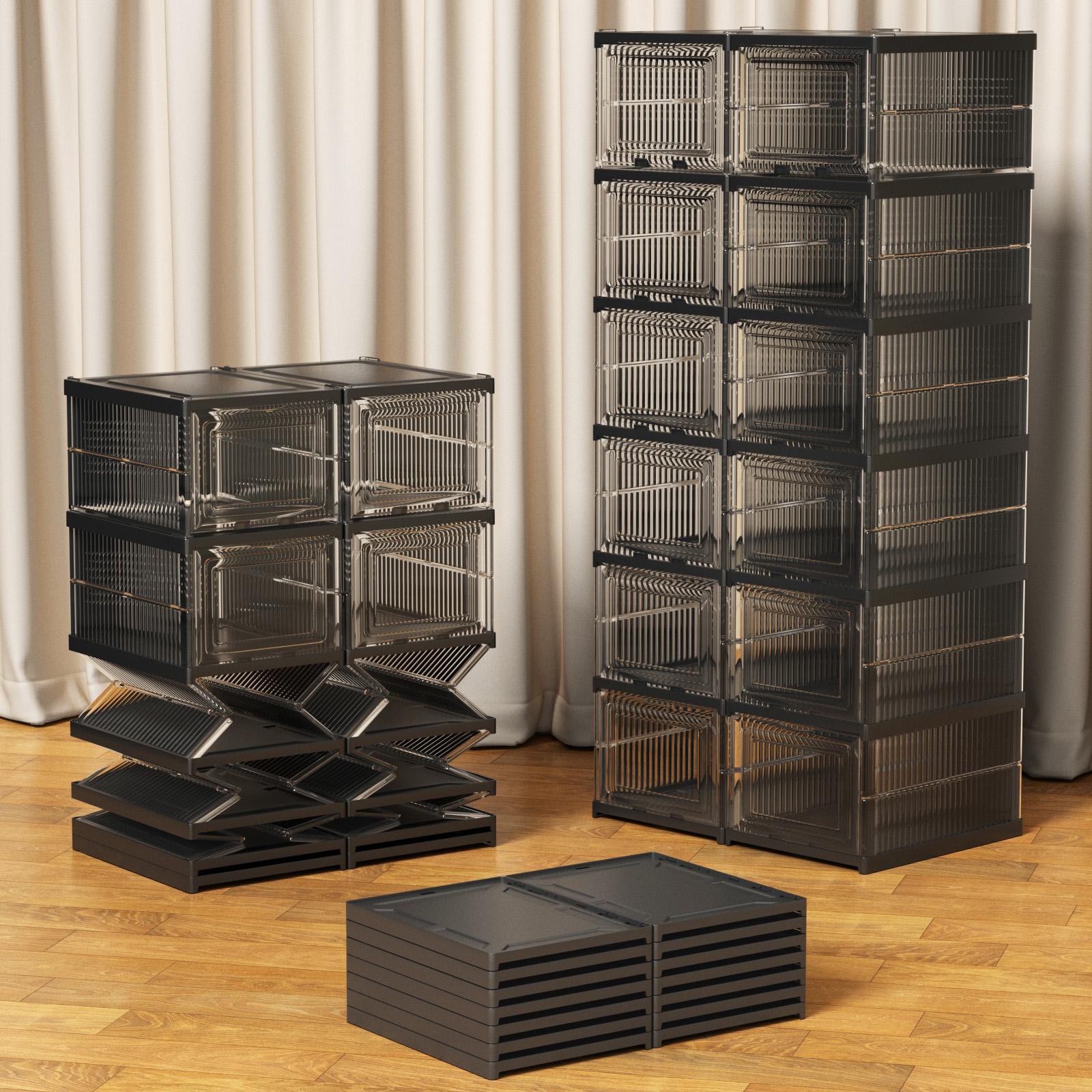 6 Tier Drop Front Shoe Storage Box, Clear Door Stackable Shoe Organizer, Plastic Shoe Rack Cabinet with Lid for Closet & Entryway