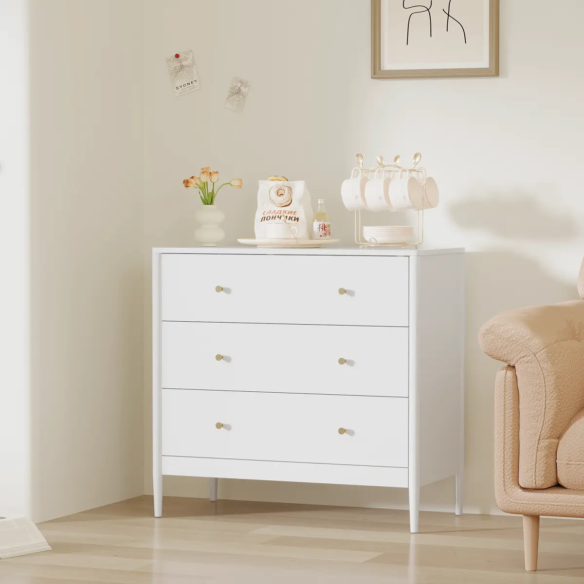 3-Drawer MDF Wood Storage Chest with Sliding Rails, Modern White Indoor Cabinet Organizer for Bedroom, Small Space Furniture