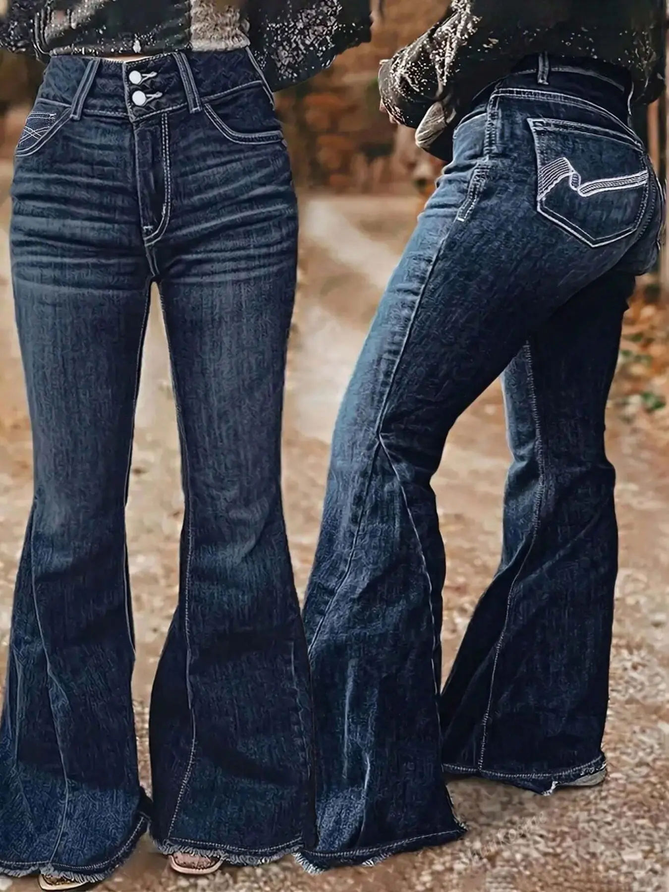 Women's High Waist Deep Indigo Washed Flare Jeans, Double Button Western Style Elegant Frayed Edge Design Long Pants, Trendy Fashionable Denim Bottoms