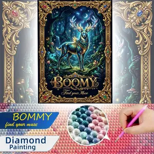 A large-size 2D flat frameless royal hollow relief style diamond painting kit with a dreamy glowing deer and starry forest pattern, hand DIY for adults, ideal for living room and bedroom decoration.