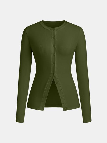 Women's Casual Round Neck Long Sleeve Button Front Top, Basic Solid Color Design, Extended Length, Perfect for Daily Wear, Womenswear