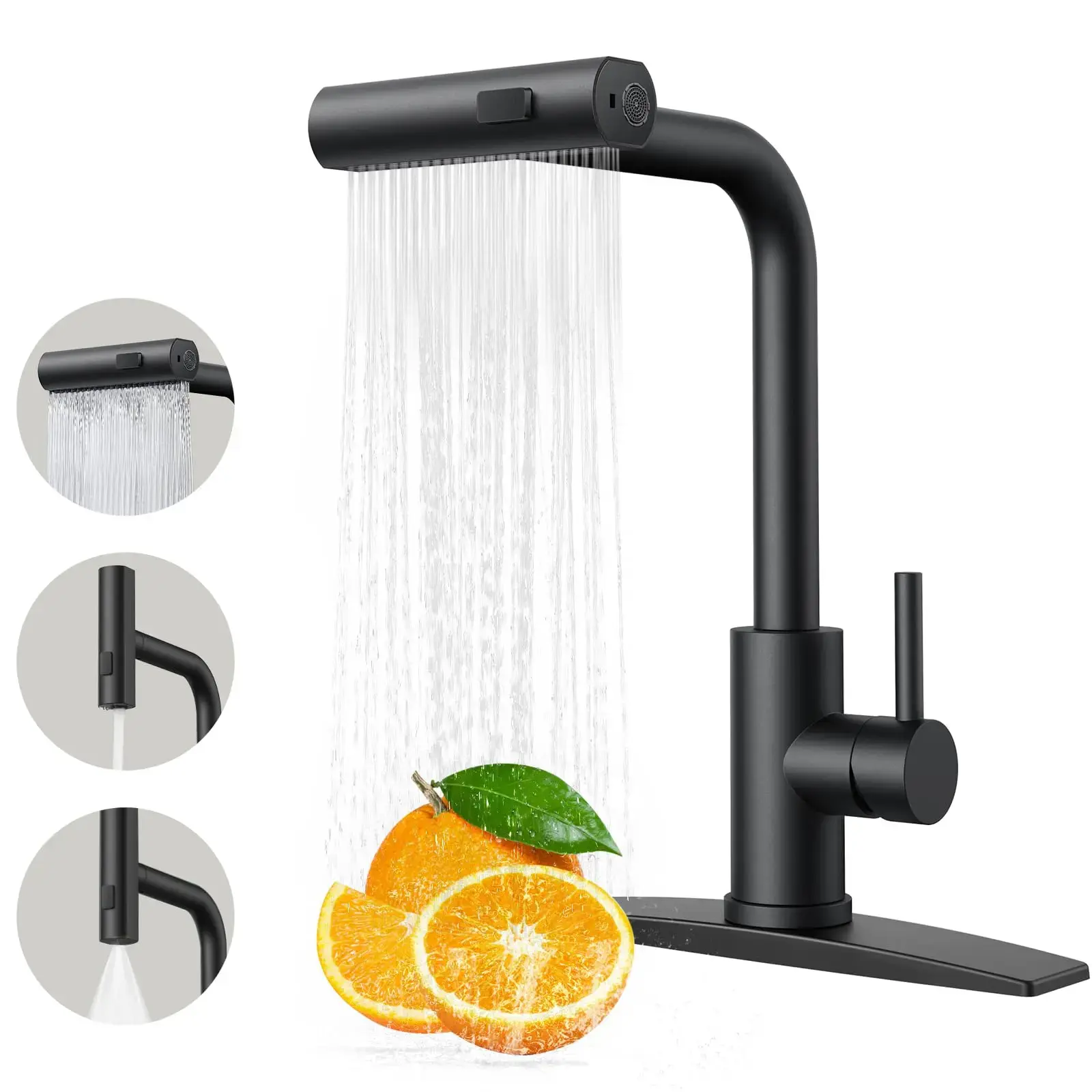 Black Single-Handle Pull-Down Kitchen Faucet, 3 Spray Modes, Stainless Steel Waterfall Head, 1 or 3 Hole Compatible, Durable Metal Hoses, 7-Layer PVD Finish, Pre-Installed Water Lines, Modern Farmhouse Style
