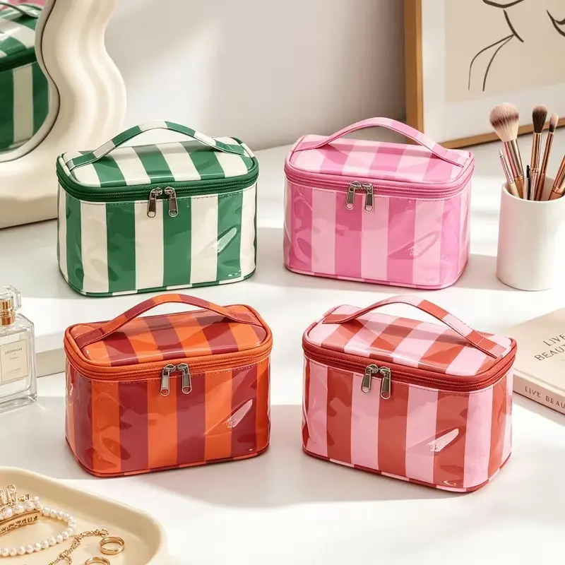 Women's Colorblock Striped Handheld Makeup Case, Large Capacity Dual Zipper Cosmetic Organizer, Travel Bathroom Beauty Tool Storage Box