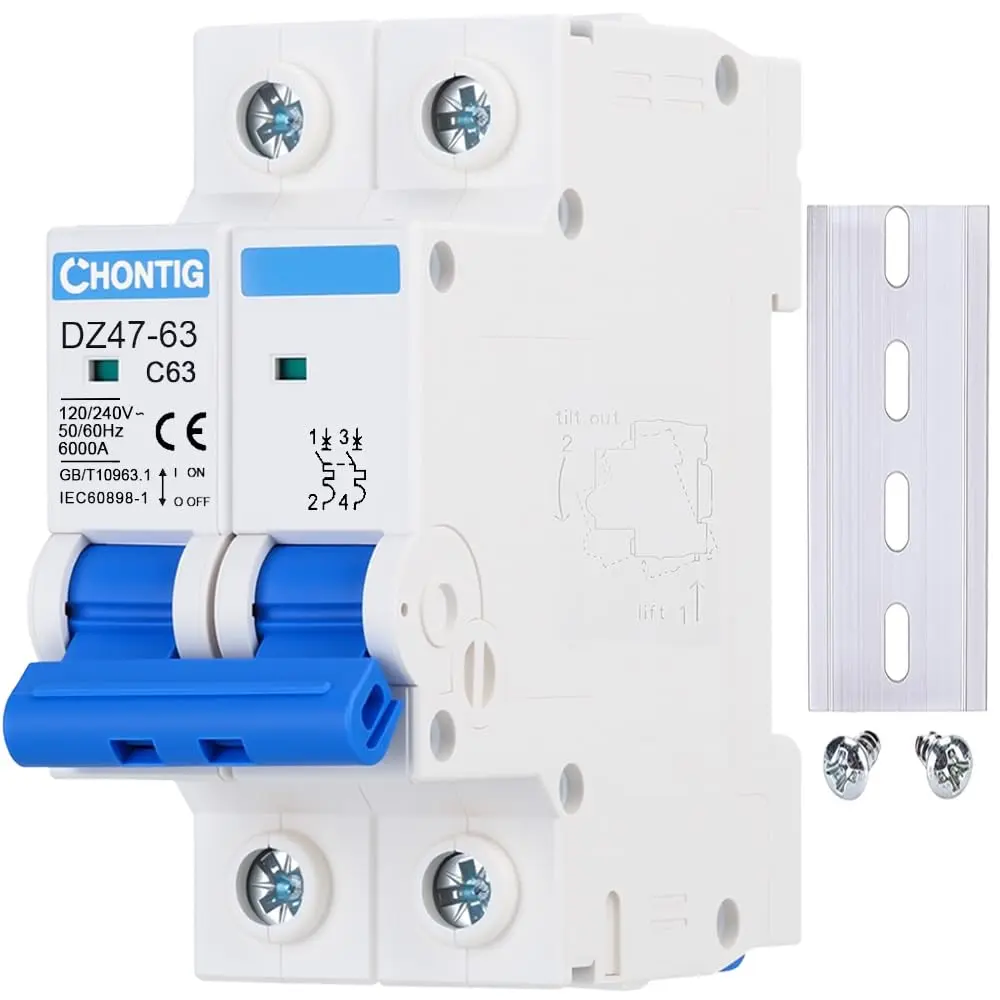 63A Rating Thermal Magnetic Trip Miniature Circuit Breaker - 2 Pole, 120/240V, Plastic Body, DIN Rail AC Disconnect for Solar AC System, RV Low Voltage Protection