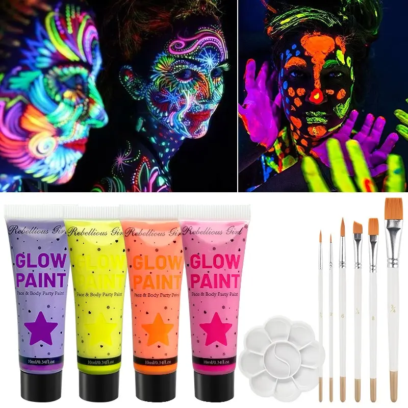 6-Piece Fluorescent Face Painting Set, Glow Paints, Brushes, Palette, Halloween, Cosplay, Night Club, UV Light Effects, Party Makeup Tools