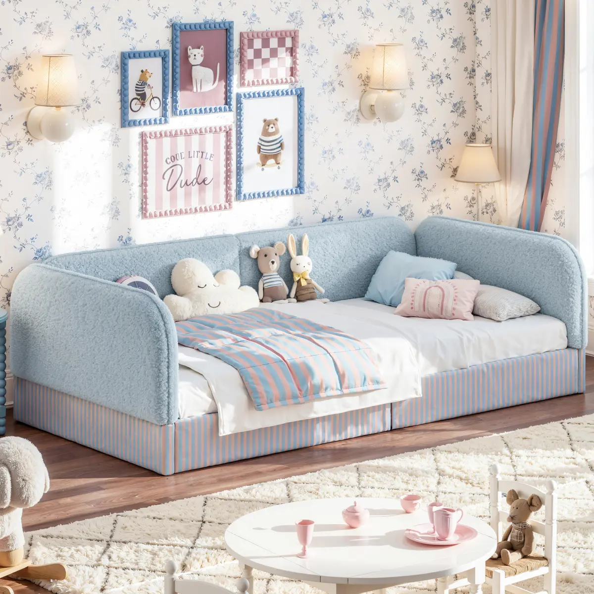 Kids Twin Floor Bed, Full Queen Size Upholstered Teddy Fleece Daybed Frame, Half-enclosed Montessori Floor Bed for Boys & Girls, Low Profile Platform Bed with Side Guardrails, No Box Spring Needed