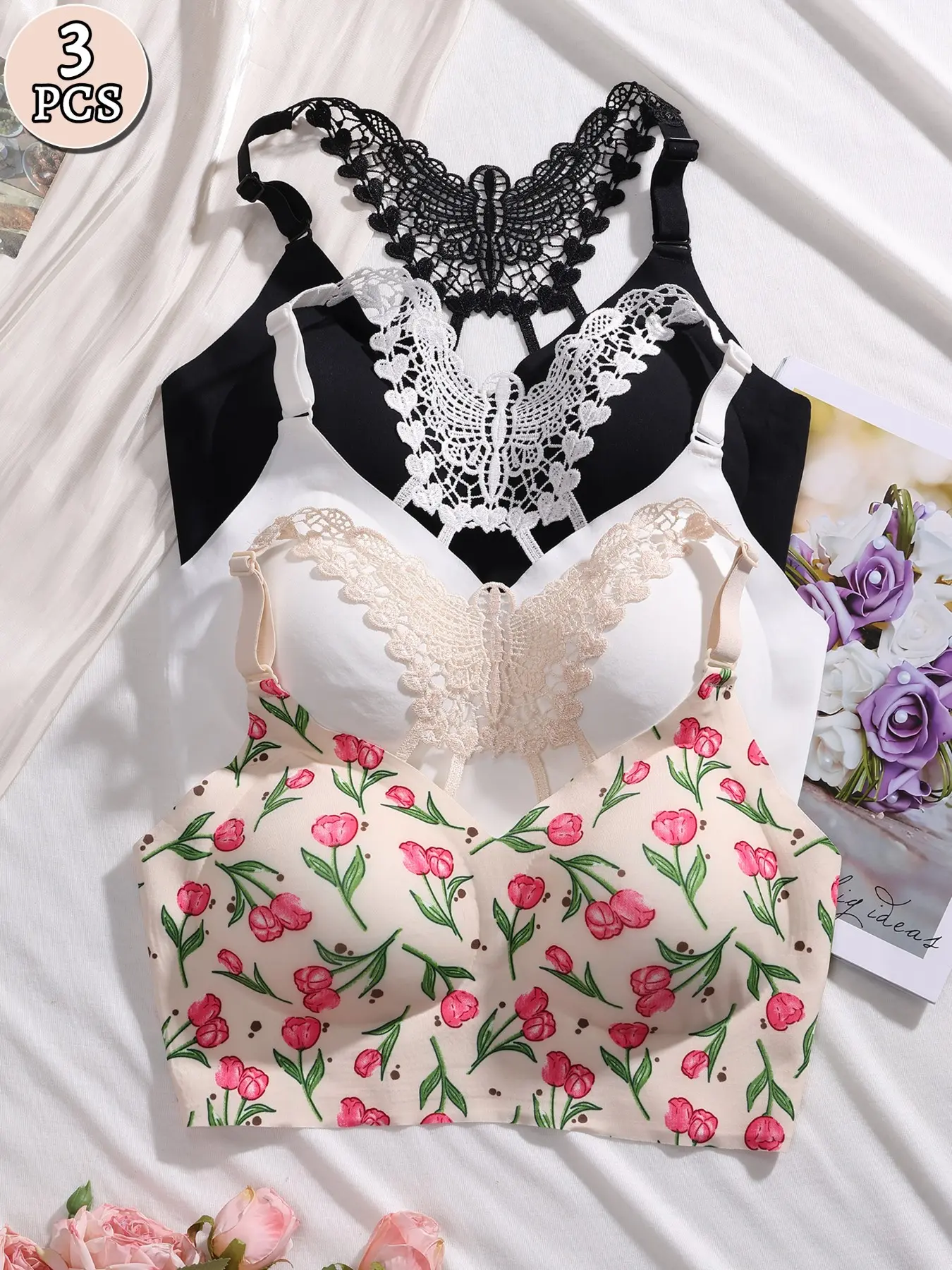 3 Pcs Vintage Aesthetic Floral Print Lace Back Bralette, Comfort Wirefree Seamless Bra With Adjustable Straps For Ladies Daily Lingerie
